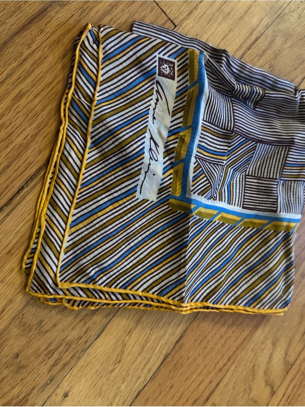 Vintage Anne Klein Striped Silk Scarf with Mustard Trim